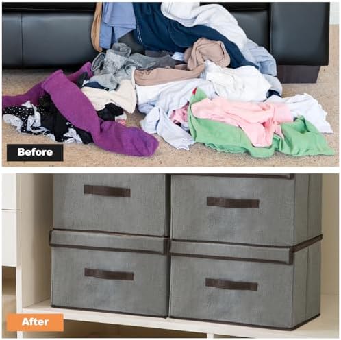 Opbergboxen van stof, 6 stuks, 36 x 23 x 24 cm, boxen met deksel, opvouwbaar, grijs voor kleding, sokken, kast, plank, kledingkast