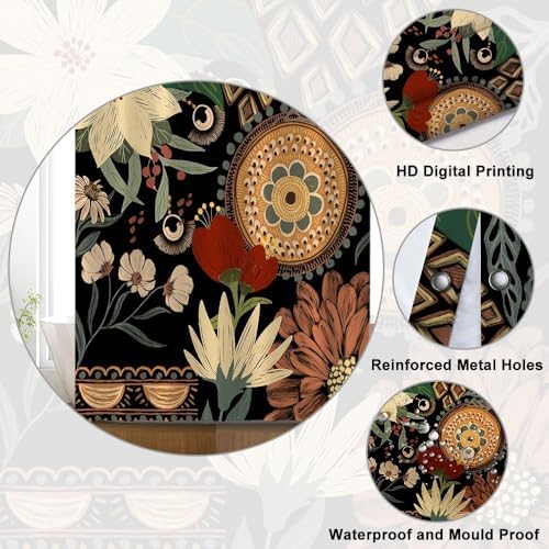 Douchegordijn, 180 x 180 cm, met groene bladeren, boho-bloemen, tropische bloemen, schimmelbestendig, wasbaar, waterdicht, polyester, douchegordijn met 12 haken, voor de badkamer