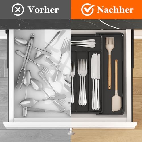 Bestekbak voor lades 40–50, verstelbare kunststof organizer voor de keuken, diepte 35 cm, bestekbak met 5–7 vakken, uitbreidbaar tot 41 cm, voor lepels