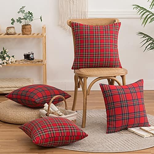 Set van 2 Schotse sierkussenhoezen, kussenhoezen met rood tartanruitpatroon en verborgen ritssluiting, voor bank, slaapkamer, woonkamer, auto, 45 x 45 cm, grote Te