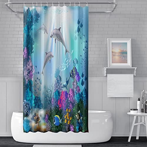 165 x 183 cm douchegordijn met dolfijnen, zonnestralen, kleurrijke tropische vissen, onderwaterwereld en zeedieren voor de badkamerdecoratie