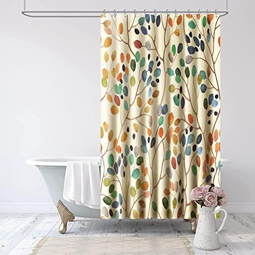 Douchegordijn, 180 x 200 cm, beige, schimmelbestendig, van stof, wasbaar, badgordijn, kleurrijk, plantenmotief, met ringen, douchegordijnen, vintage, textiel, schimmelbestendig, badkamer