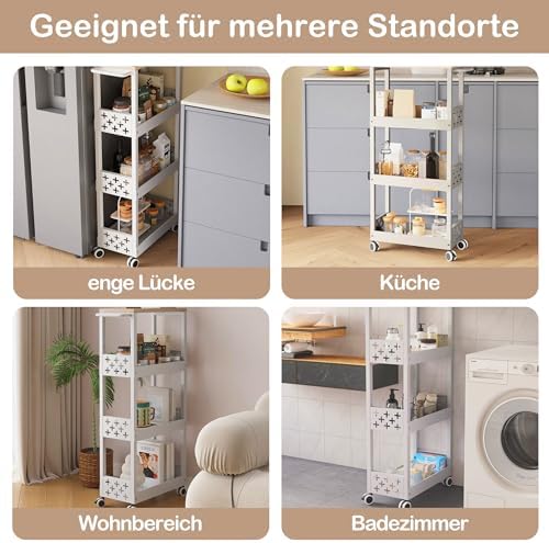 Metalen trolley met 4 niveaus, nischerek op wielen, smalle keukentrolley met werkblad, nischtrolley voor kleine ruimtes, keuken, woonkamer, werkkamer, badkamer (wit)