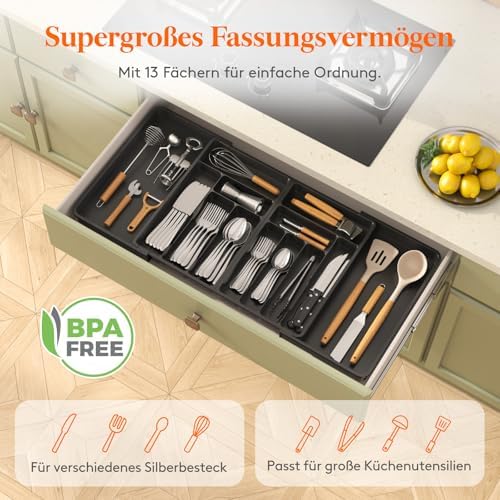 Grote bestekbak voor lades, verstelbare breedte 54,1–91,4 cm, diepte 43 cm, 11–13 vakken, uitneembare kunststof lade-indeler voor de keuken
