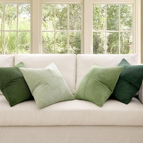 Set van 4 kussenslopen, 50 x 50 cm, corduroy bankkussens, patchwork-serie in groen, decoratieve kussenslopen, vierkante decoratieve kussenslopen voor de bank