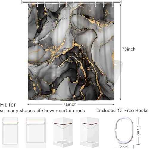 Douchegordijn Marmer 180 x 200 cm, Zwart Grijs Goud Abstract marmeren badkamergordijn Luxueus Modern Esthetisch Kunstdruk Textuur Waterdicht polyesterweefsel W