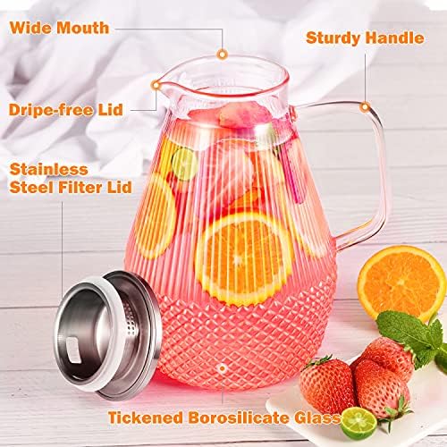 Waterkaraf, glazen karaf met deksel, 2,4-liter karaf, glazen kan met deksel, waterkaraf van borosilicaatglas, glazen kan voor ijsthee, waterkaraf, glazen kan, Hea