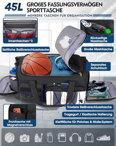 45L sporttas voor dames en heren, 3-in-1 reistas met schoenenvak en natvak, waterdichte gym-duffelbag, sporttas voor outdoor, fitness, Re