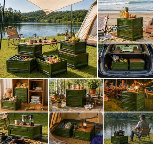 Set van 2 campingboxen 38 l kampeeraccessoires Opvouwbare kunststof opbergbox met deksel en 4 wieltjes Kampeerkast Organiseer je kofferbak voor outdoorreizen Cam
