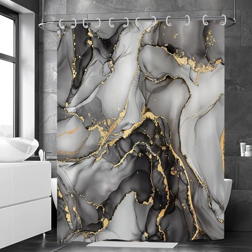 Douchegordijn Marmer 180 x 200 cm, Zwart Grijs Goud Abstract marmeren badkamergordijn Luxueus Modern Esthetisch Kunstdruk Textuur Waterdicht polyesterweefsel W
