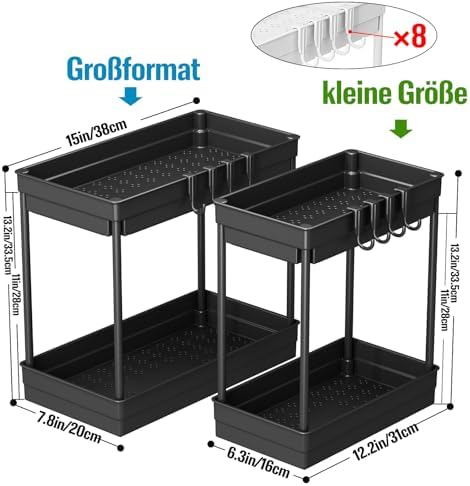 Keukenorganizer – set van 2 rekken voor onder de gootsteen met 4 haken & 1 kopjeshouder, keukenorganizer, badkamerorganizer