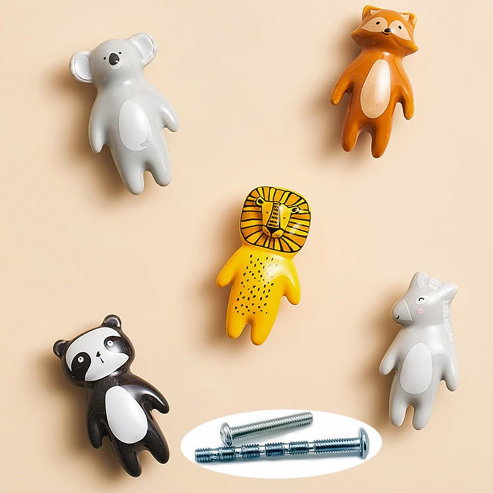 Set van 5 schattige dierenknopjes, keramische knopjes voor kinderen, kastknopjes, handgrepen voor kindermeubels, dierenknopjes voor deuren, lades, ladekasten