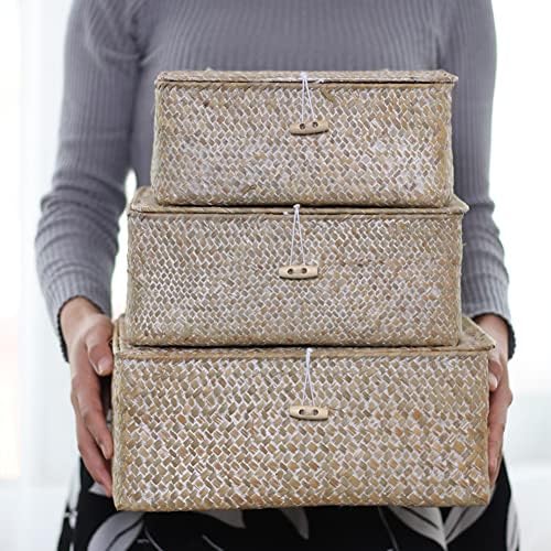 Zeegras opbergmand met deksel, handgevlochten rechthoekige rotanbox voor speelgoed, kleding, boeken, sleutels, make-up organizer, set van 3 opbergmanden