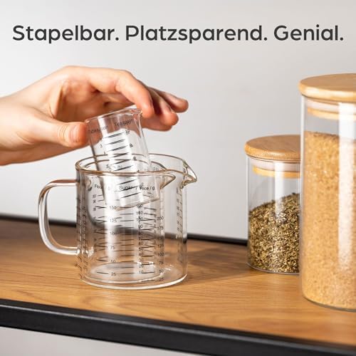 Set glazen maatbekers met schenktuit, 50 ml, 125 ml, 250 ml, nauwkeurige schaalverdeling, stapelbaar, hittebestendig en magnetronbestendig