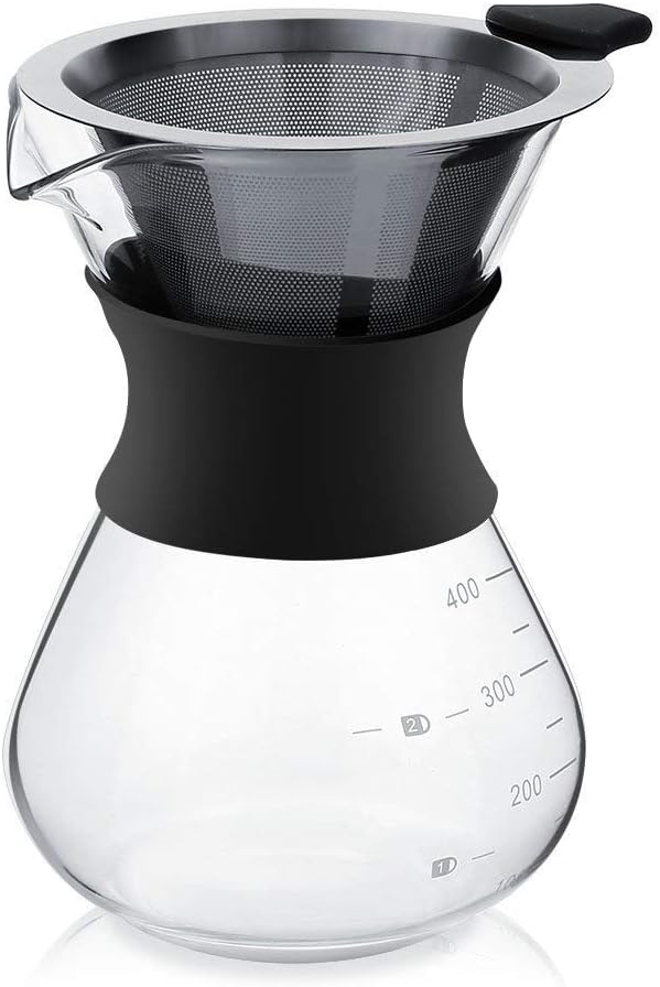Pour-over-koffiezetapparaat, handkoffiezetapparaat, roestvrijstalen handfilter, glas met permanentfilter (400 ml), zwart