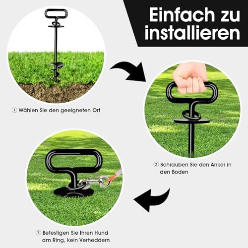 Grondanker voor middelgrote tot grote honden tot 12 kg, 12 mm ankerblok voor honden, groot, spiraalmes, hondenpaal voor tuin, strand, gazon, buiten (zwart)