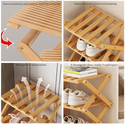 Opvouwbaar schoenenrek, verticaal schoenenrek van bamboe, voor kleine ruimtes. Multifunctioneel smal schoenenrek voor de hal, kledingkast, slaapkamer,