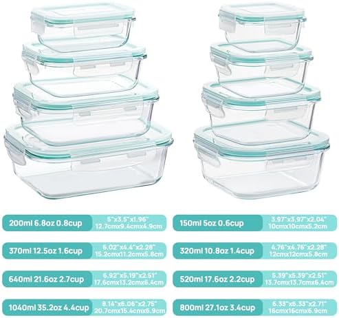 8 glazen potten met deksel, glazen potten voor het bewaren van voedsel met deksel, voorraadpotten voor voedsel, magnetronbestendig, BPA-vrij (groen)