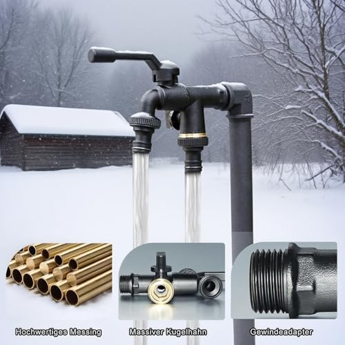 Tuinkraan 1/2 inch, dubbele zwarte messing tuinkraan met 2 x 3/4 inch uitloop, kalkbestendig, vorstbestendig en duurzaam voor besproeiing en reiniging