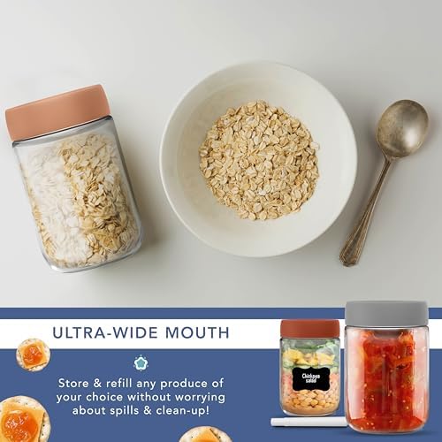 Havermoutpotten met deksel voor overnight oats, 600 ml, met luchtdichte, kleurrijke schroefdeksels, voedselveilige glazen ontbijtpotten met deksel voor yoghurt en chia-pudding, 600 ml, herbruikbaar