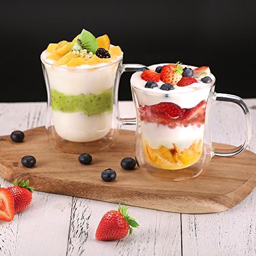 Set dubbelwandige latte macchiato-glazen, koffiekopjes van borosilicaatglas, set van 6, 350 ml, theeglazen met oor voor cappuccino, latte macchiato,