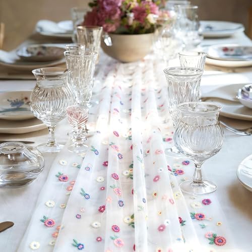 Met tule geborduurde tafelloper, wit, 72 x 300 cm, tafelloper van kaasdoek, chiffonbloemen, tafeldecoratie, gaas-tafelkleed, tafelloper met madeliefjes