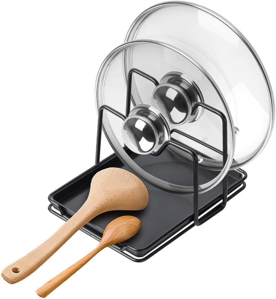 Pannendekselhouder, 2-laags pannendekselorganizer, multifunctioneel opbergrek voor deksels en lepels met opvangbak voor pannendeksels, spatels, lepels en snijplanken