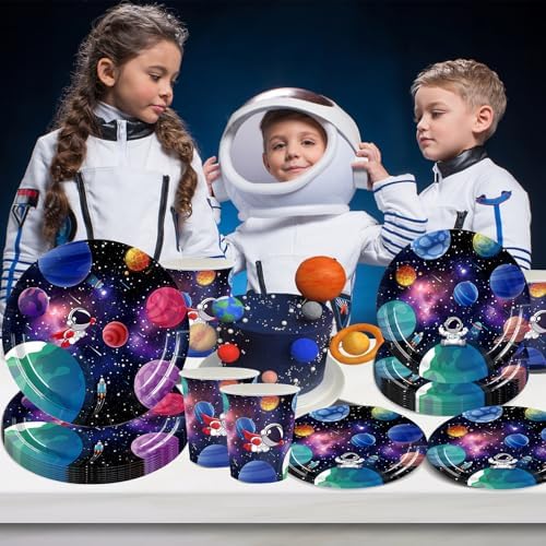 Astronauten-themafeestservies, ruimtevaarders, verjaardagsfeest, servies, papieren borden, bekers, servetten, feestartikelen, tafeldecoratie, voor 24 personen