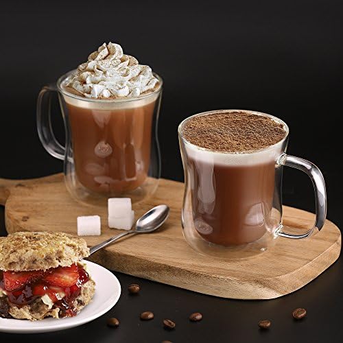 Set dubbelwandige latte macchiato-glazen, koffiekopjes van borosilicaatglas, set van 6, 350 ml, theeglazen met oor voor cappuccino, latte macchiato,