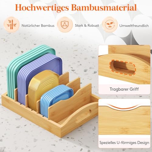 Dekselorganizer van bamboe voor in de kast, verstelbare dekselhouder voor voorraadpotten met 4 inzetstukken en 5 vakken, keukenorganisatie voor thuis