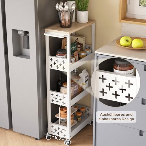 Metalen trolley met 4 niveaus, nischerek op wielen, smalle keukentrolley met werkblad, nischtrolley voor kleine ruimtes, keuken, woonkamer, werkkamer, badkamer (wit)