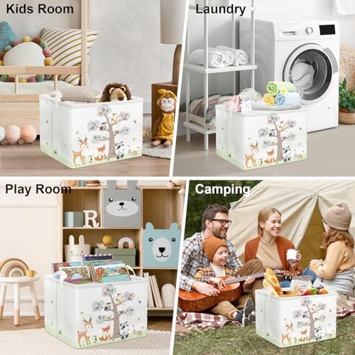 Opbergmand van 36 l met bosdieren (herten, vossen) voor kinderen, met handvat, witte rechthoekige opbergbox voor speelgoed en kleding voor de kinderkamer en badkamer