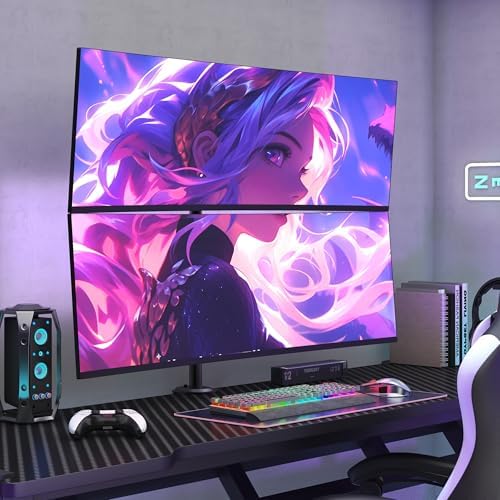 Monitorbeugel voor 2 monitoren boven elkaar voor 17–49 inch platte en gebogen schermen, verticale monitorbeugel, 2 monitoren, in hoogte verstelbaar met 20 kg per arm, VESA 75/100 mm, zwart