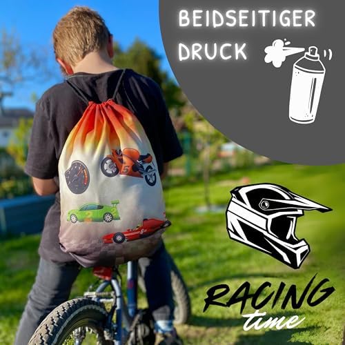 Kindersporttas raceauto – 40 x 32 cm – sportkleding waterfles – kleuterschool, school, stoffen tas kinderdagverblijf – rugzak, tas, sportrugzak, sporttas B