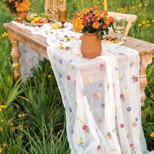 Met tule geborduurde tafelloper, wit, 72 x 300 cm, tafelloper van kaasdoek, chiffonbloemen, tafeldecoratie, gaas-tafelkleed, tafelloper met madeliefjes