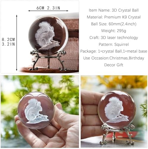 3D-kristallen bol, 6,1 cm, lasergravure, verzamelobject, eekhoornfiguur, presse-papier, decoratieve glazen bol