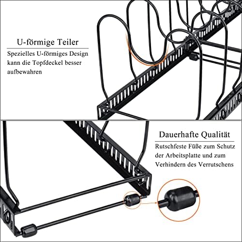 Pannenhouder voor lade, uitbreidbare pannenorganizer, dekselhouder met 10 verstelbare scheidingswanden, perfect voor potten en deksels, zwart