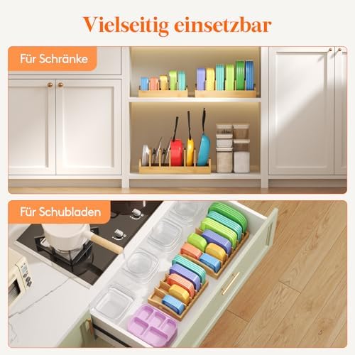 Dekselorganizer van bamboe voor in de kast, verstelbare dekselhouder voor voorraadpotten met 4 inzetstukken en 5 vakken, keukenorganisatie voor thuis