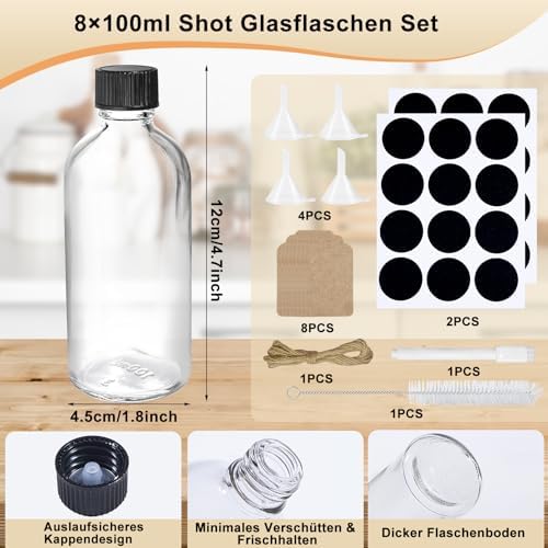 Set van 8 kleine vulflesjes, 100 ml, kleine glazen vulflesjes, gembershotflesjes met deksel, trechter, etiketten en pen, perfect voor gember,