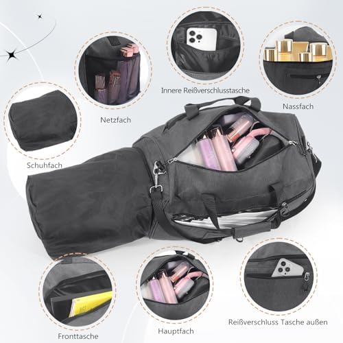 Sporttas met schoenenvak en natvak – Reistas voor dames en heren – Tas voor sport, sportschool & fitness, weekendtas, reizen – Zwart 40 l