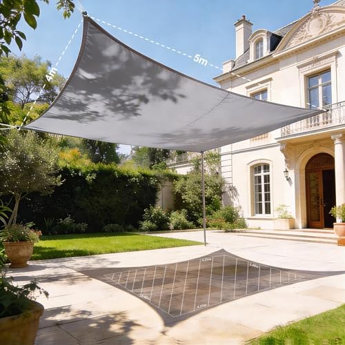 Zonnescherm, waterdicht, rechthoekig, 4 x 5 m, zonwering, waterafstotend premium PES-polyester met UV-bescherming voor balkon, tuin, terras, lichtgrijs