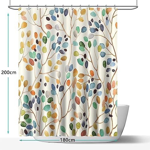 Douchegordijn, 180 x 200 cm, beige, schimmelbestendig, van stof, wasbaar, badgordijn, kleurrijk, plantenmotief, met ringen, douchegordijnen, vintage, textiel, schimmelbestendig, badkamer