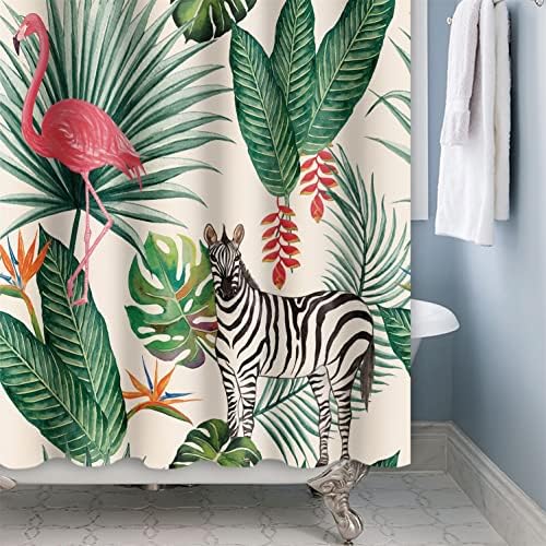 Flamingo-douchegordijn, tropische groene palmbladeren, bananenblad, paardenbadkamergordijn, badkamergordijn met zomers motief, stof, polyester, waterdicht, voor de badkamer