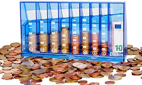 Muntensorteerder, euro-spaarpot, voor op kantoor en in de kinderkamer, als cadeau voor volwassenen en kinderen, gemaakt van gerecycled materiaal, afsluitbaar (met sleutel), transparant blauw