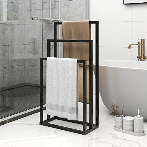 Vrijstaande handdoekhouder, 3-laags organizer voor badkamer en handdoeken, badkameraccessoires, zwart