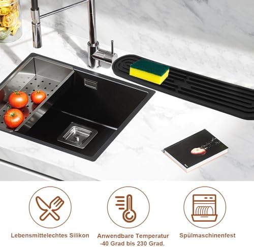 Slanke siliconen droogmat, smal, verlengd, bar-mat, afdruipmat voor glazen, drinkglazen, snijplanken 43 x 8 x 1 cm, zwart