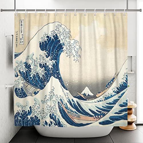 180 x 243 cm Japanse douchegordijn met zeegolven, abstracte zeegolven, houten boot, Ukiyo-e-motief, Fuji-berg-douchegordijn voor de badkamer, poly