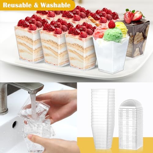50 stuks herbruikbare dessertglazen met deksel, 160 ml dessertschaaltjes, vierkante dessertbekers met deksel, dessertbekers voor pudding, mousse-party