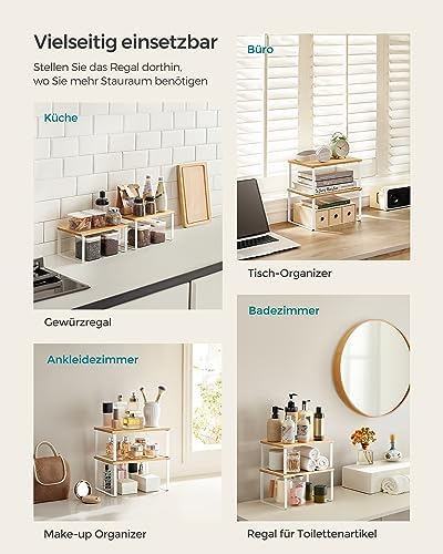 Kruidenrek, set van 4, keukenrek, keukenorganizer, uitbreidbaar, kruidenhouder, stapelbaar, met metalen frame, 19,5 x 29,7 x 15,8 cm, wolkenwit-natuurlijk