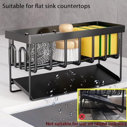 Keukengootsteenorganizer sponshouder – Keukengootsteenorganizer met afneembare theedoekhouder, metalen gootsteenorganizer met automatische afdruipbak